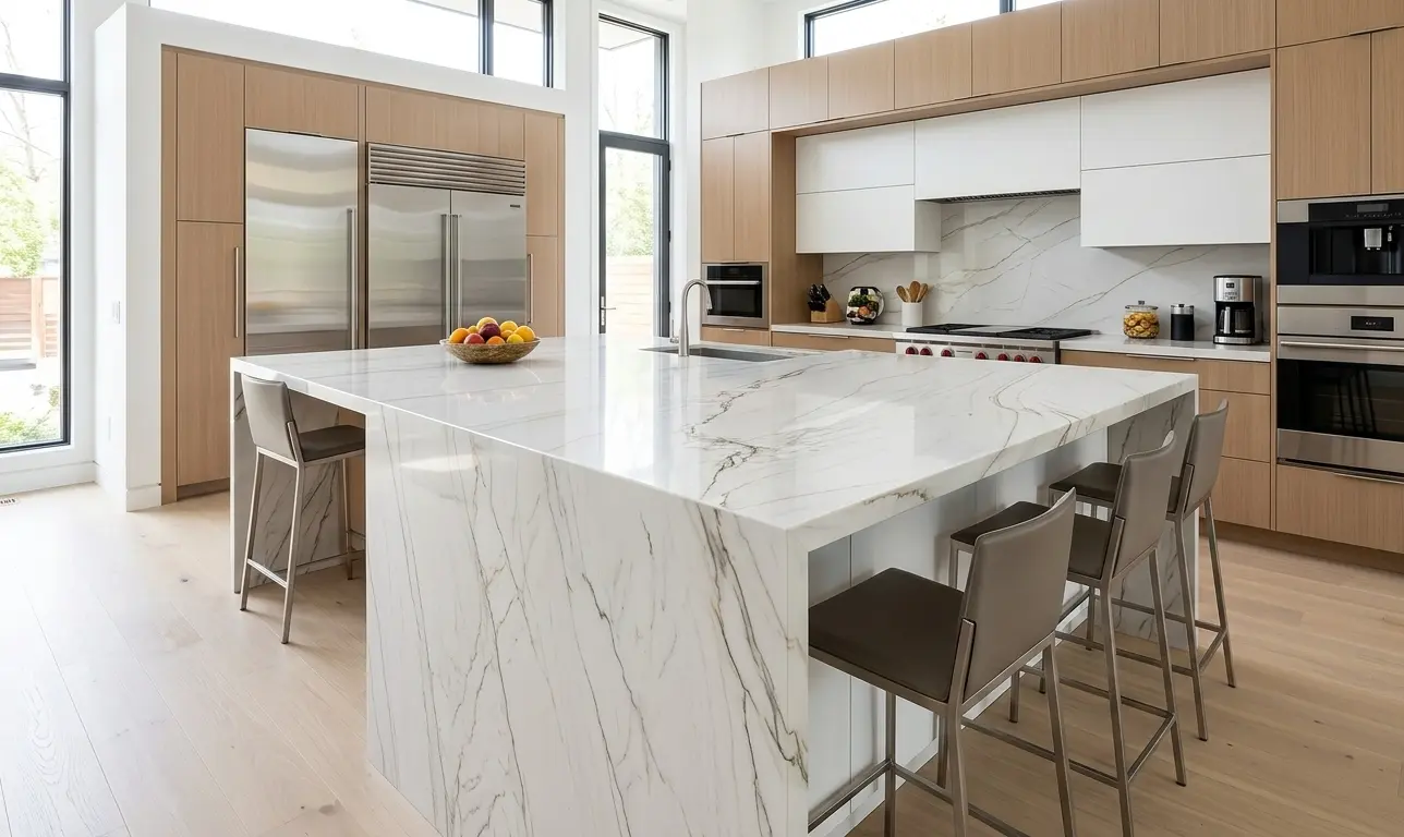 Polished Zermatt quartzite countertop in a kitchen setting