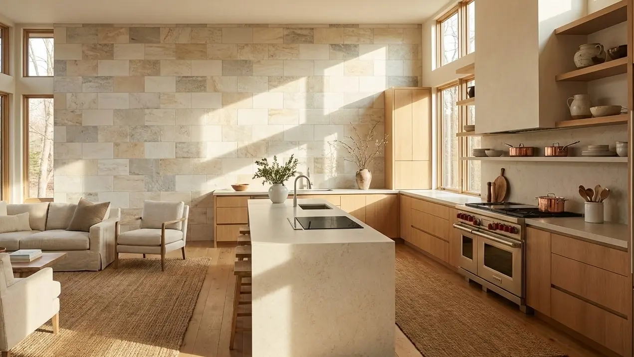 Contemporary kitchen with light neutral subway tile wall