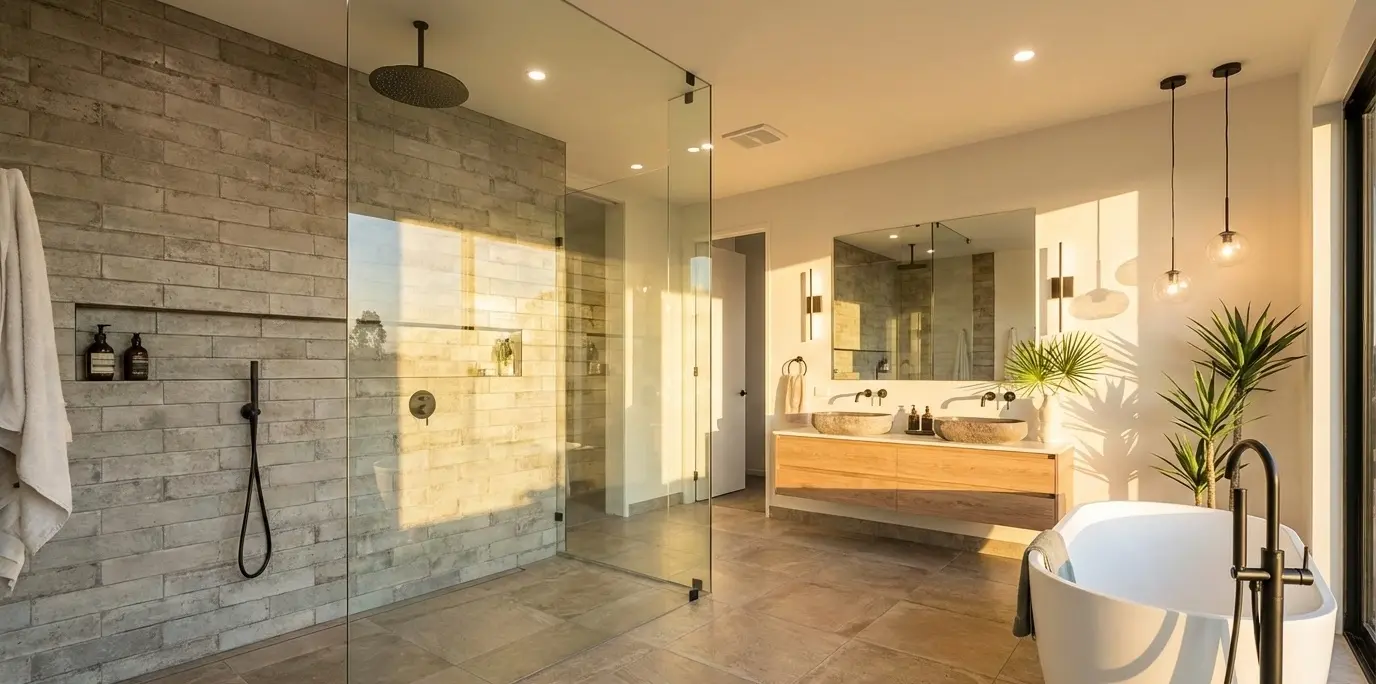 Subway tile shower wall in a contemporary bathroom interior