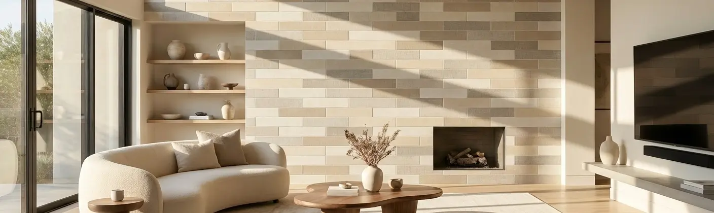 Subway tile accent wall in a modern living room
