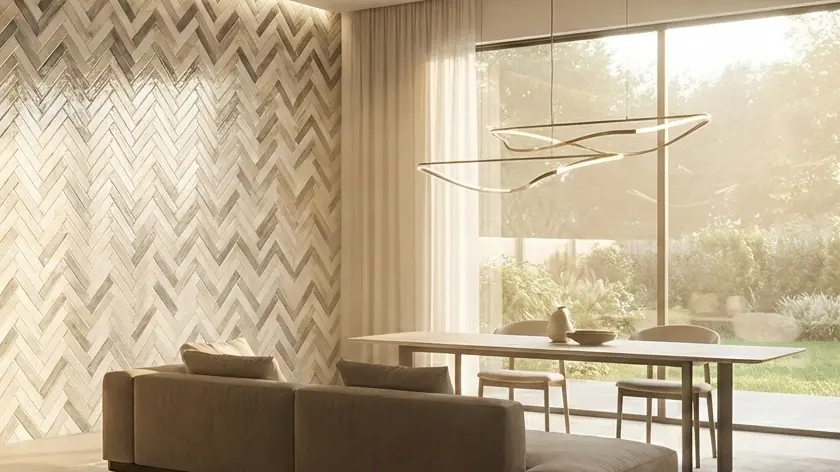 Subway tile accent wall with herringbone pattern in a modern dining area