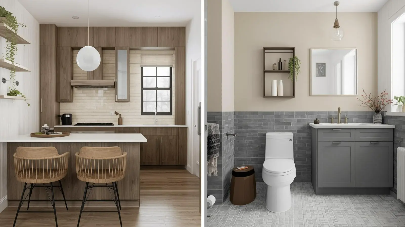 kitchen and bathroom with subway tiles accent walls