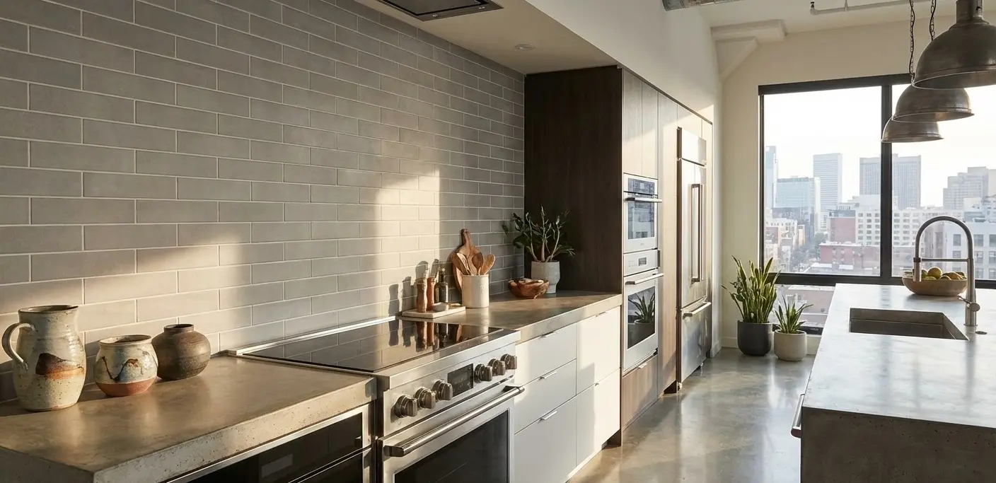 Light gray subway tile backsplash in a minimalist kitchen