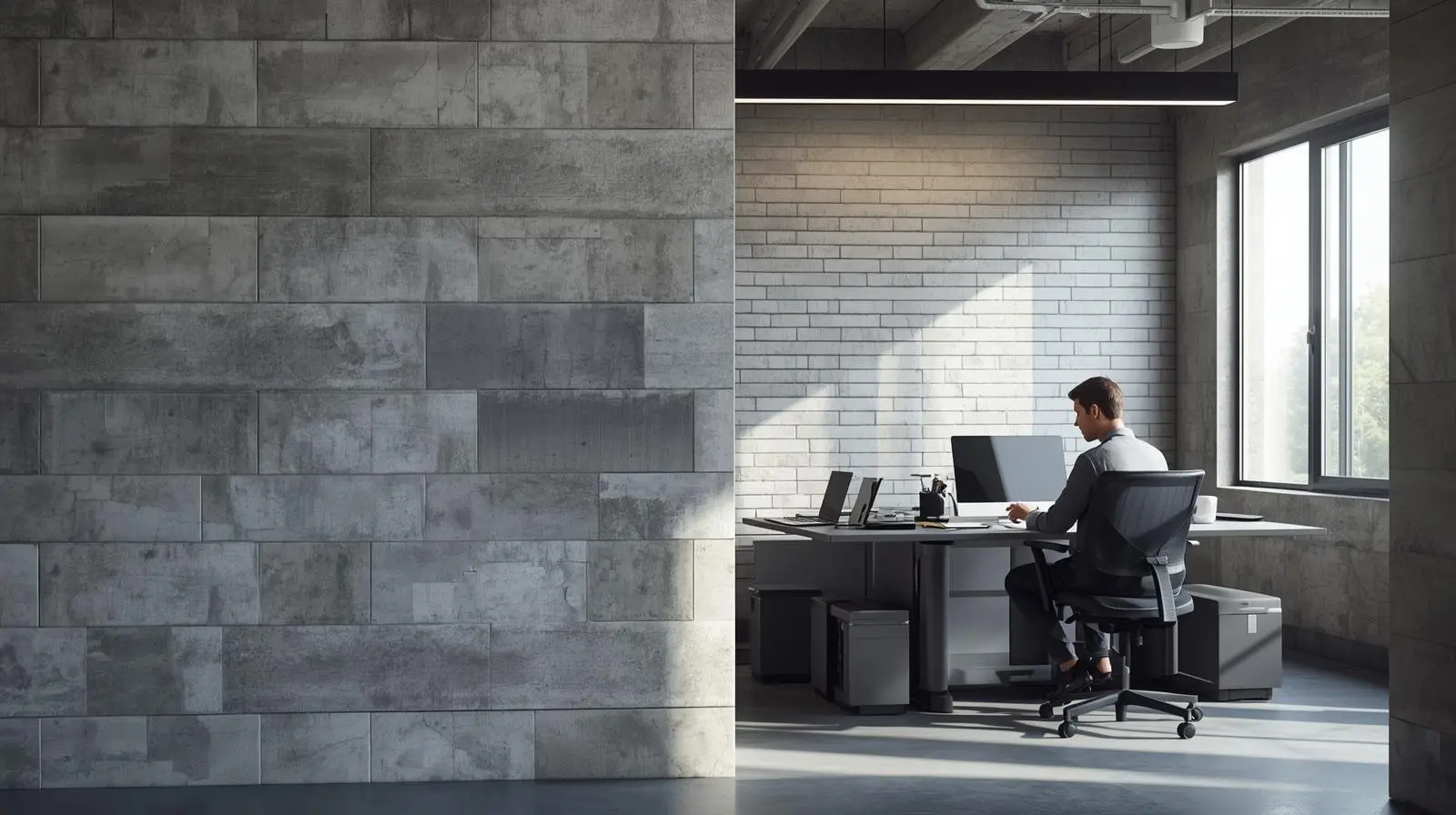Modern office workspace with subway tile wall design