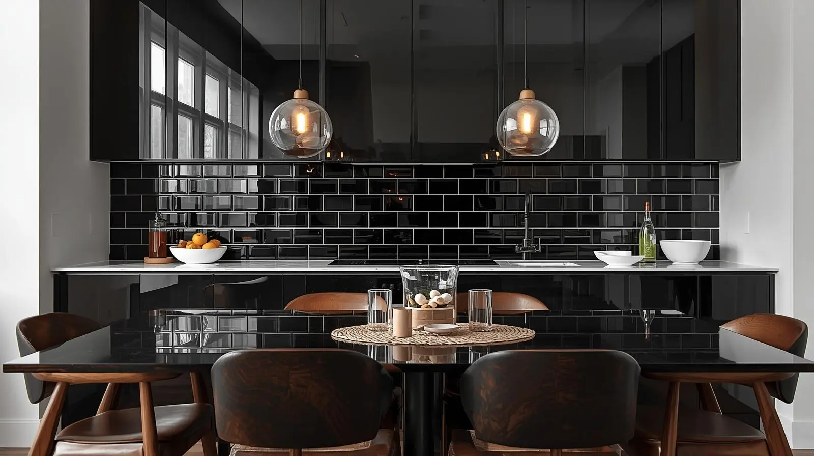 Black glass subway tile backsplash in a modern kitchen