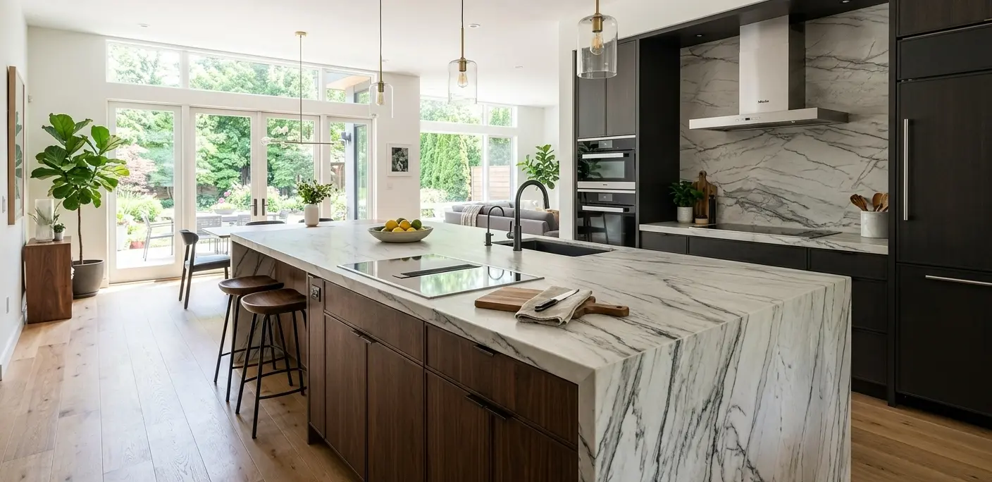 Leathered finish Mont Blanc quartzite island countertop with waterfall edge