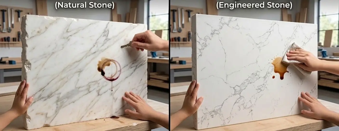 Durability comparison between Calacatta Marble and Quartz slabs