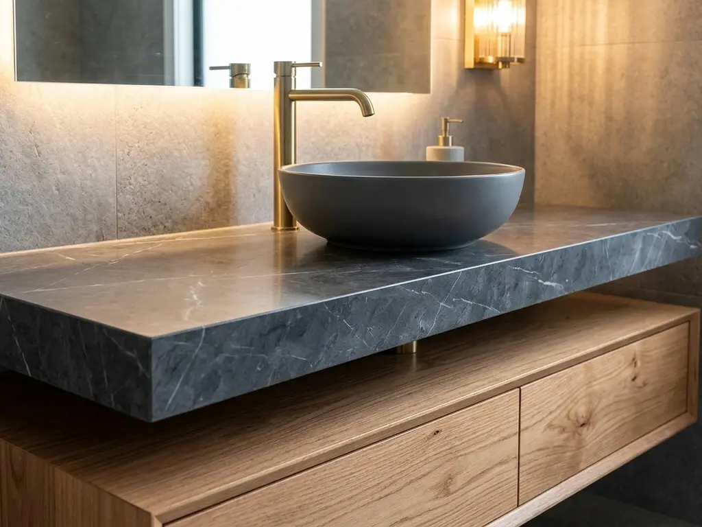 Dark Gray Graphite Marble bathroom vanity with brass fixtures and wood cabinet base