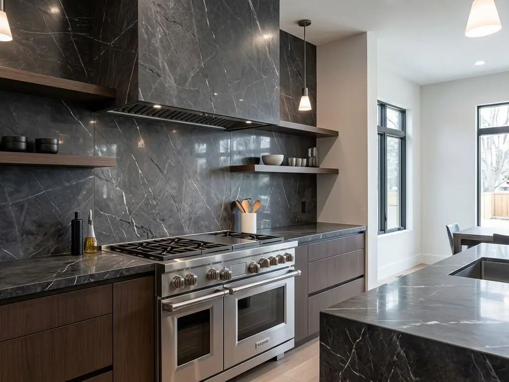 Dark gray graphite marble backsplash and countertop installed in a full kitchen setting