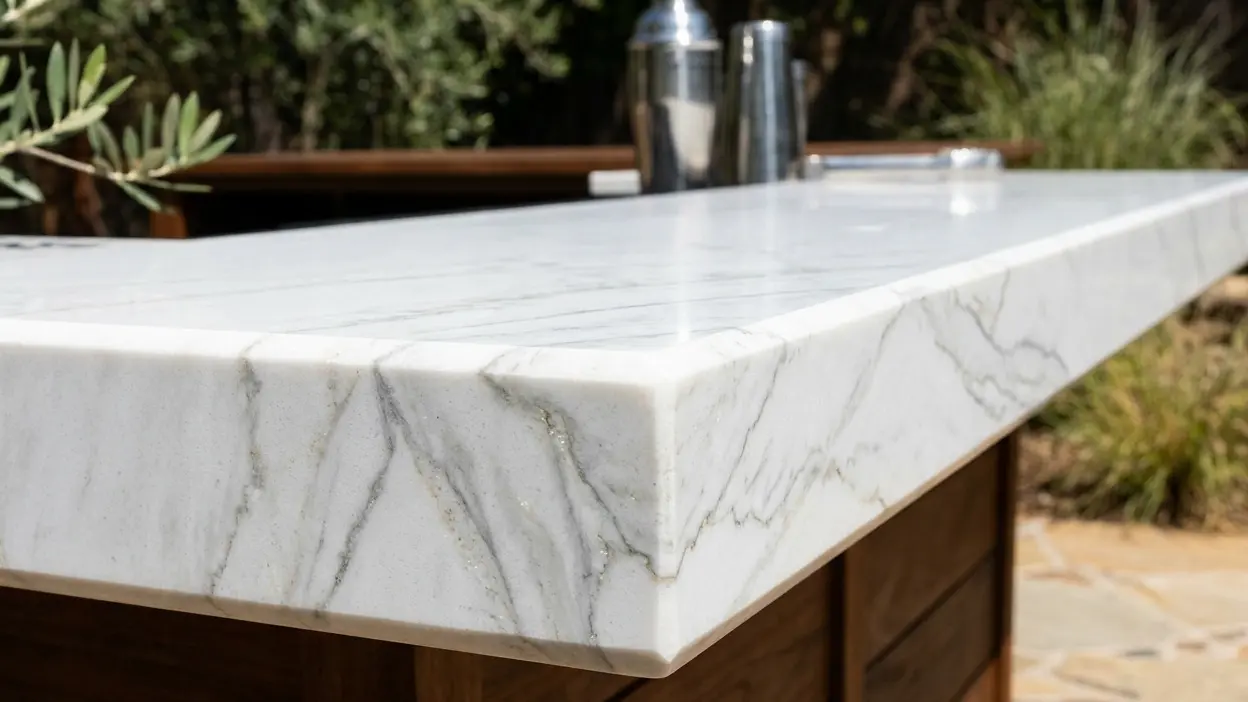 Zermatt Quartzite UV Resistant Stone slab edge profile showing material thickness in bright outdoor sunlight