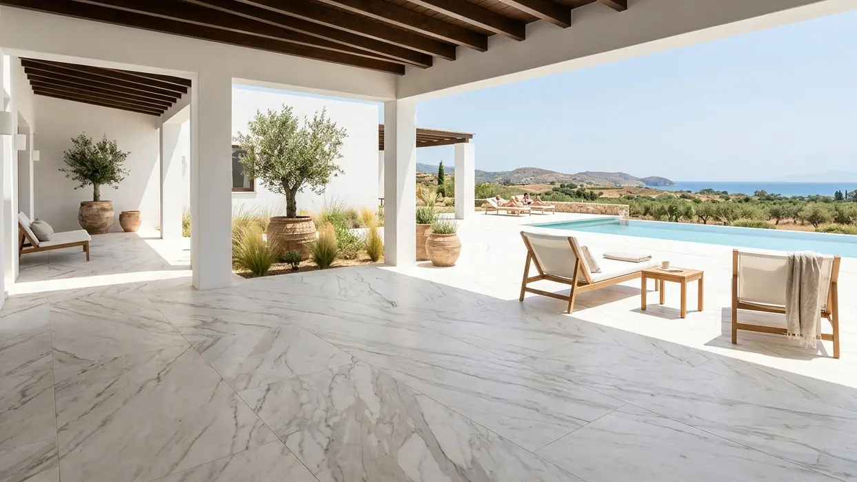 Zermatt Quartzite UV Resistant Stone slab surface in sun-exposed modern outdoor living space