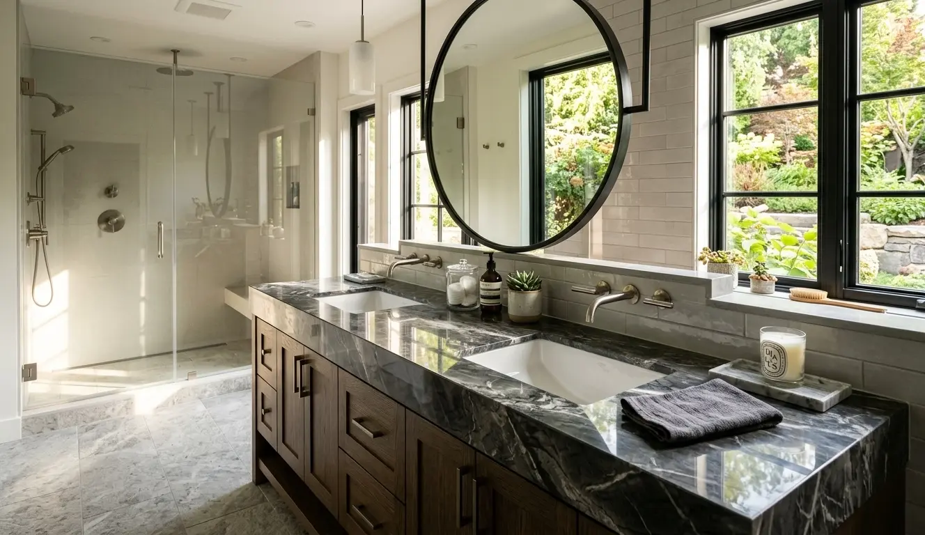 Polished graphite marble bathroom vanity top with deep gray coloring