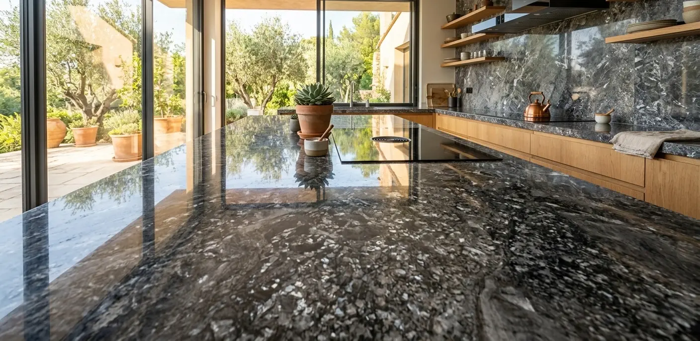 Close-up of polished graphite marble surface showing reflective finish