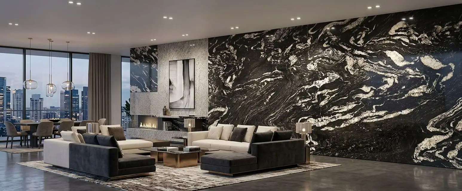Luxury living room with dramatic black and white granite feature wall and modern furnishings