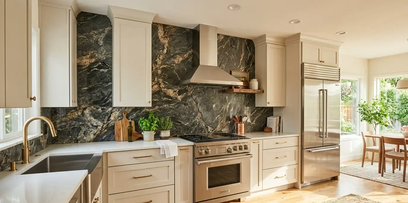 Modern kitchen with full granite slab wall, cream cabinetry, and stainless steel appliances