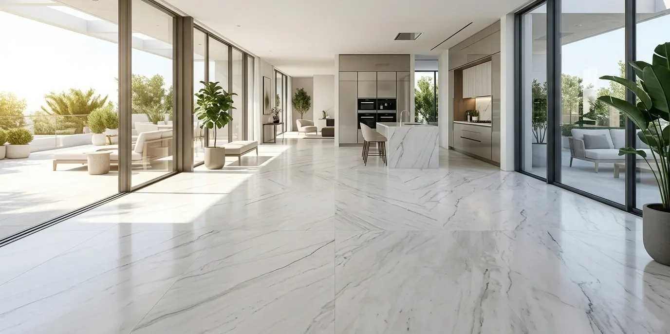Open-plan living space with polished Zermatt quartzite floors and floor-to-ceiling glass doors