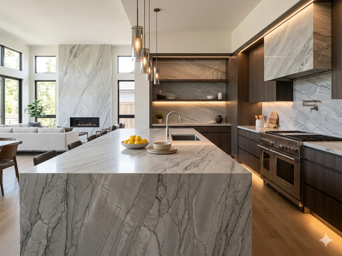 Modern kitchen with Zermatt quartzite waterfall island, backsplash, and feature wall with dark wood cabinetry