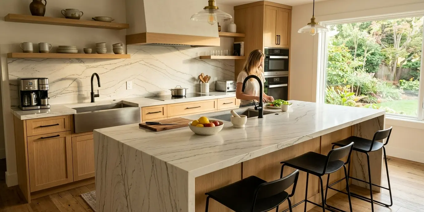 Kitchen island and backsplash featuring white quartzite natural stone