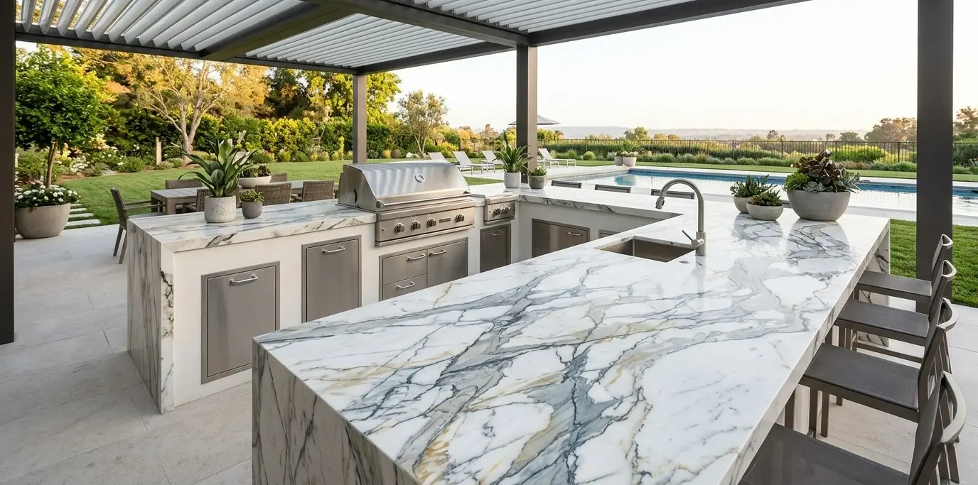 Luxury outdoor kitchen featuring quartzite stone countertops overlooking a pool