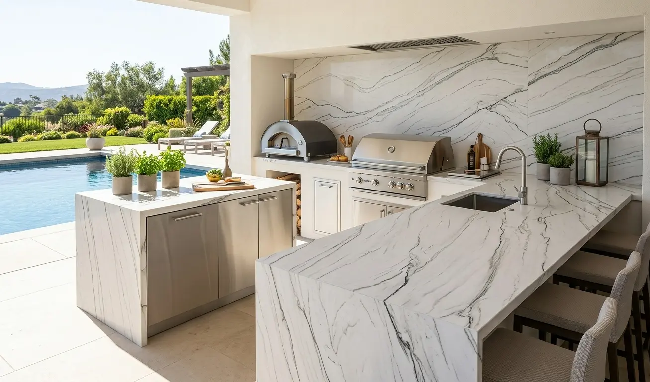 Luxury outdoor kitchen featuring white natural stone slab countertops and pizza oven