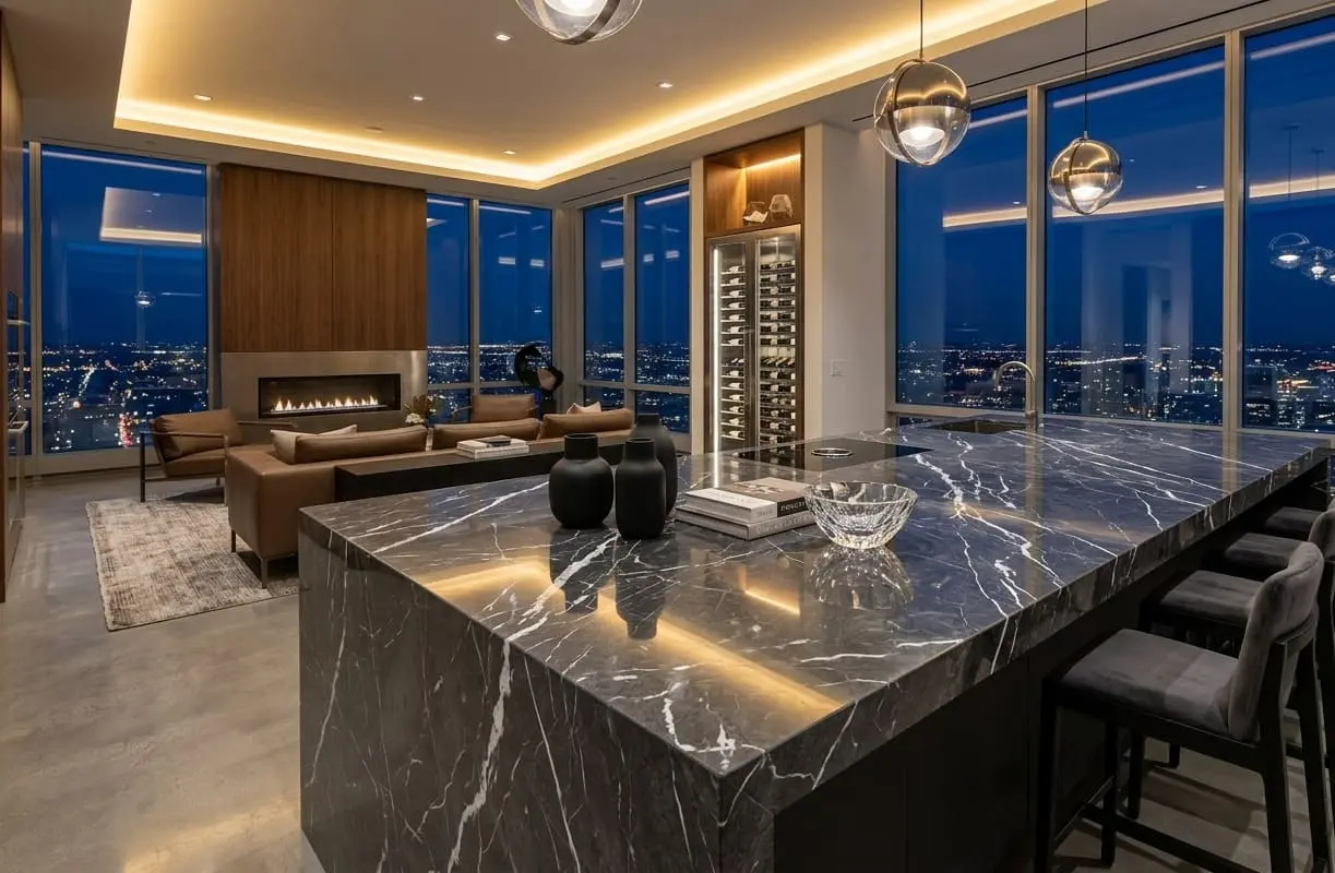 Graphite marble kitchen island with white veining in a luxury high-rise penthouse