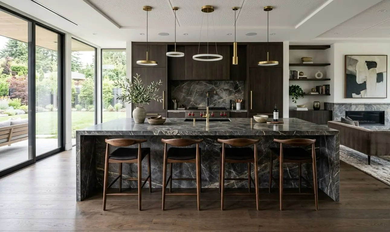 Graphite marble waterfall kitchen island with matching backsplash and gold fixtures