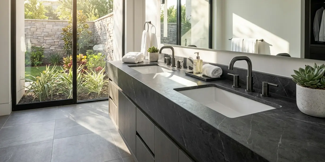 Graphite marble double vanity countertop with matte black fixtures in a modern bathroom