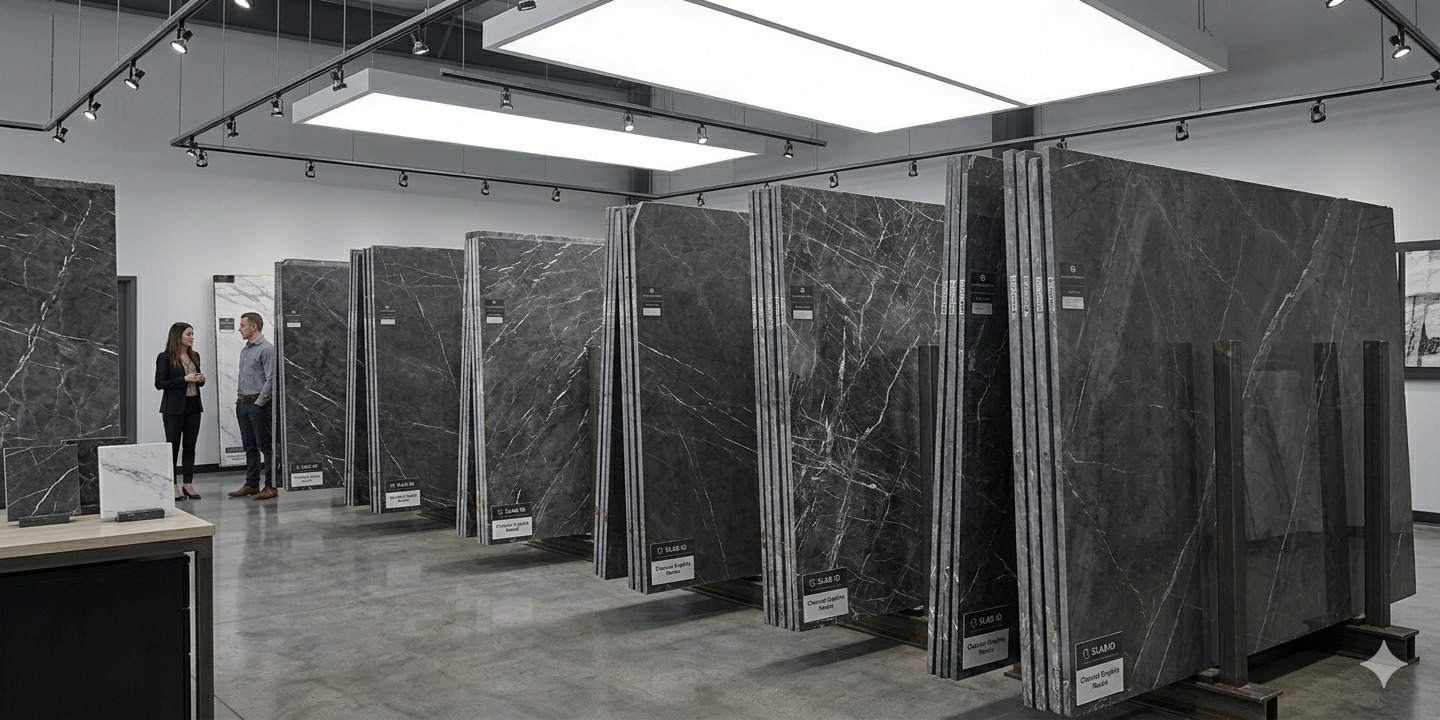 Showroom display of Graphite Marble Flooring slabs with natural white veining and dark grey tones