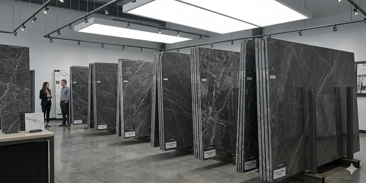 Charcoal Graphite Marble slabs standing in a natural stone showroom slab rack display