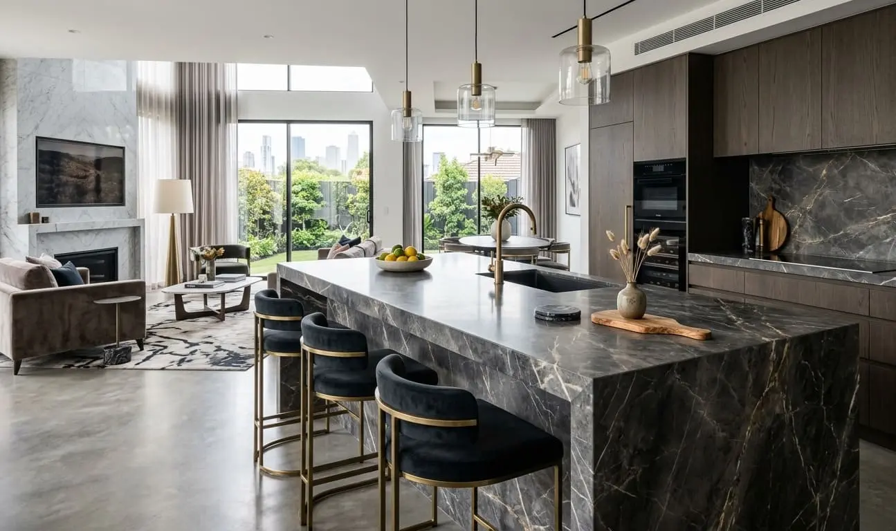 Graphite marble kitchen island countertop in a modern kitchen