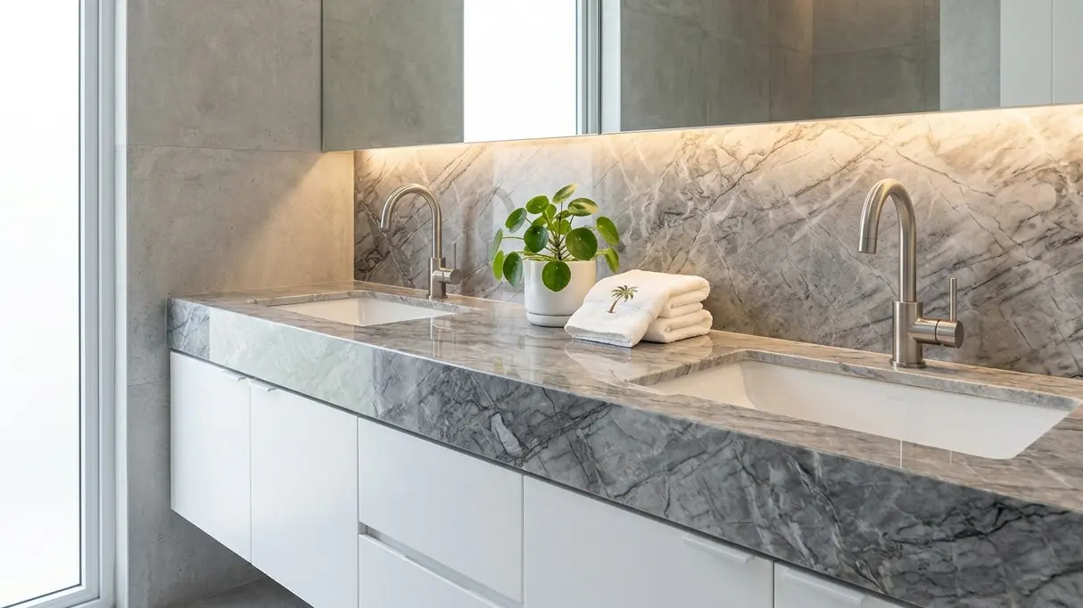 Silver Veined Graphite Marble double vanity with chrome faucets and white floating cabinet