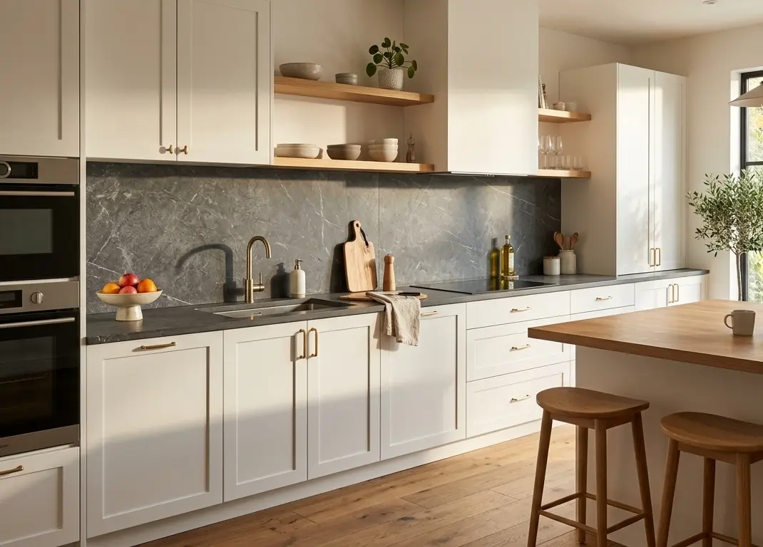 Graphite marble slab backsplash installed behind white kitchen cabinets