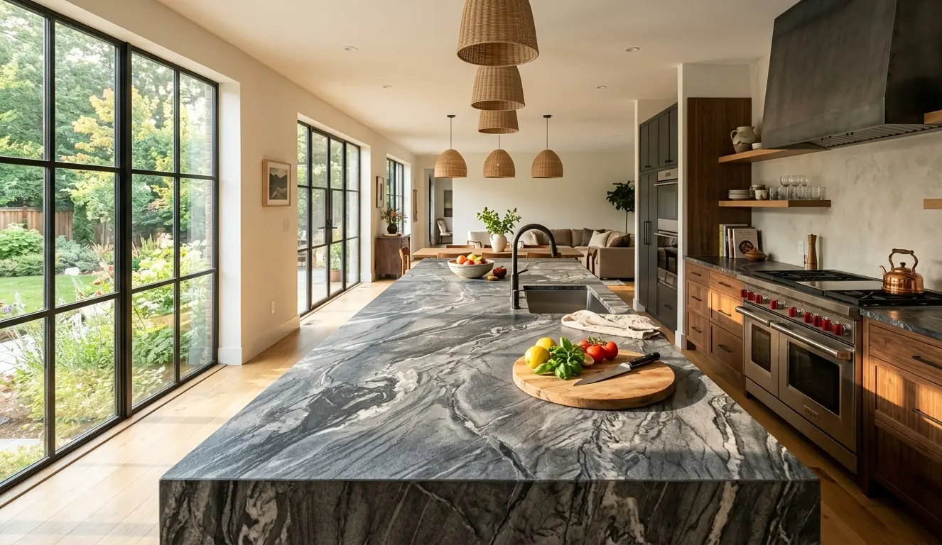 Leathered graphite marble slab showing textured surface