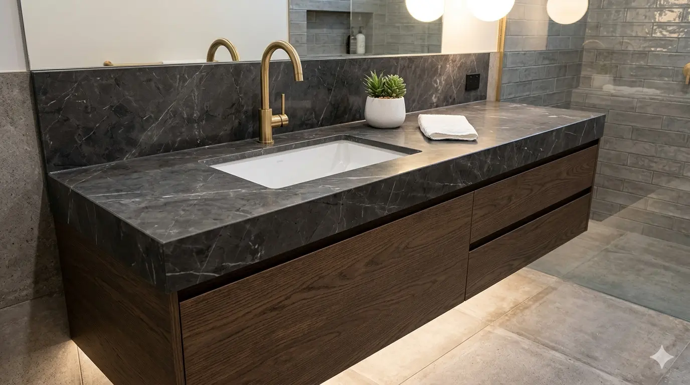 Graphite marble vanity top with undermount sink in a modern bathroom