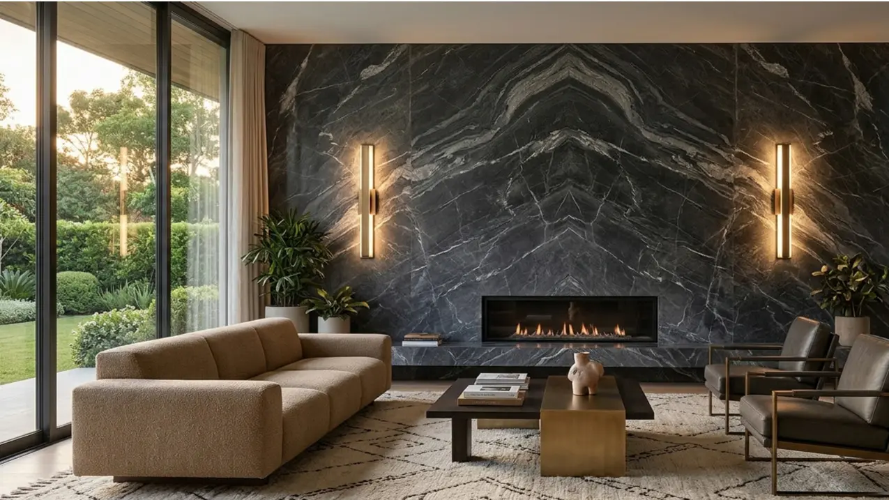 Graphite Marble Living Room Wall full slab panel behind sofa in modern luxury living room