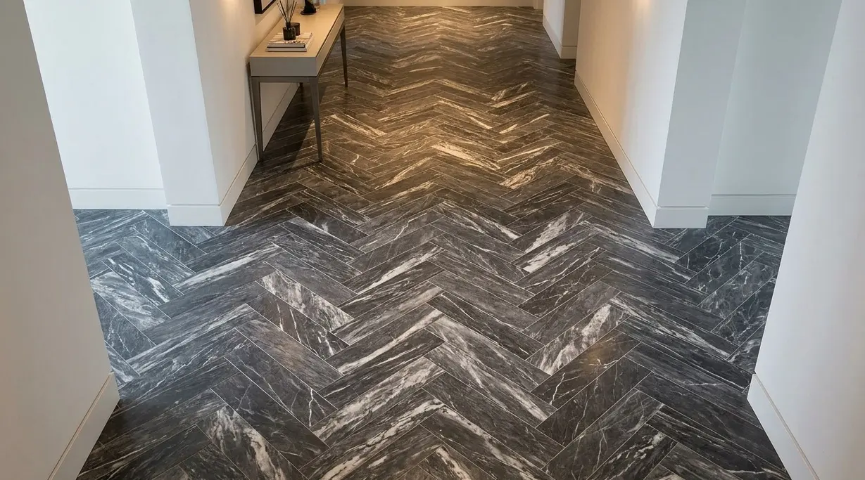 Graphite Marble Flooring herringbone pattern in hallway showing directional natural stone veining movement