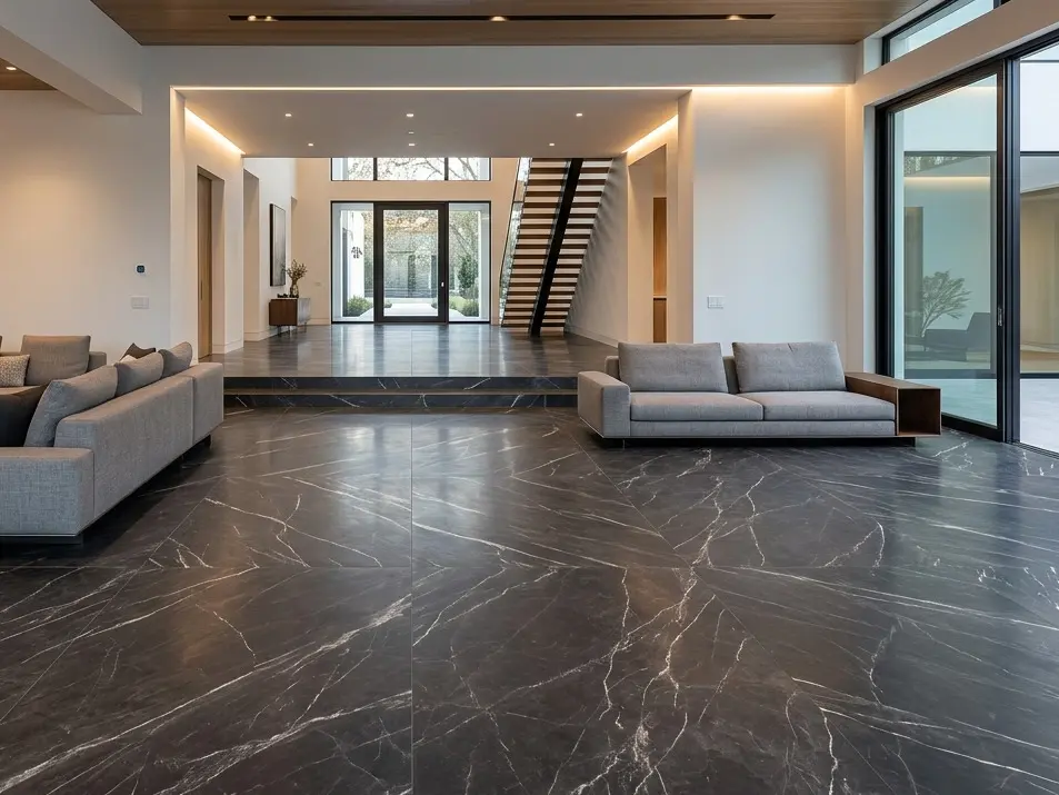 Graphite Marble Flooring continuous slab surface across open plan entry and living room space