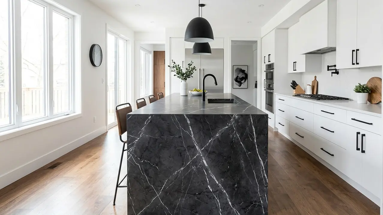 Charcoal Graphite Marble kitchen island countertop with white cabinetry and matte black pendant