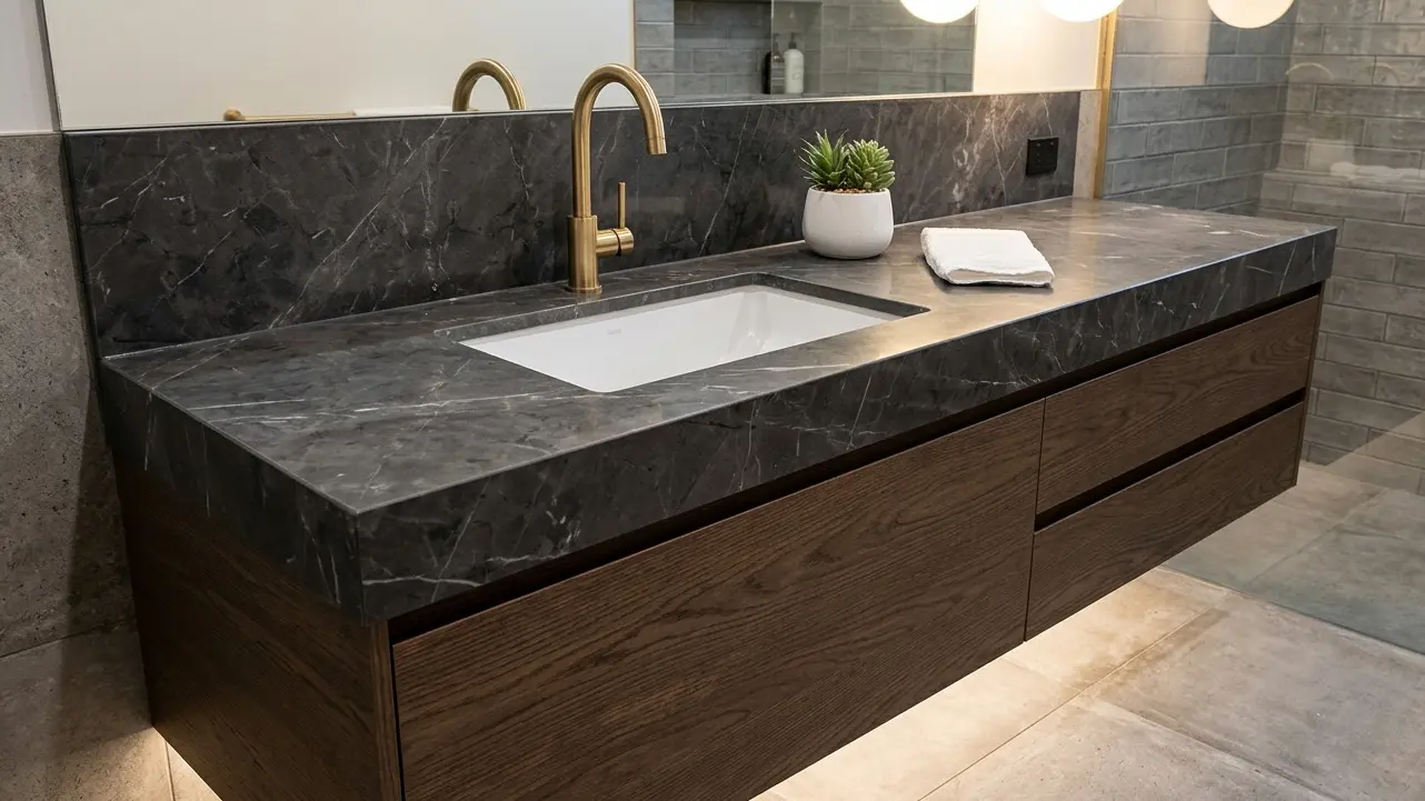 Charcoal Graphite Marble bathroom vanity with brushed gold fixtures and dark oak cabinet