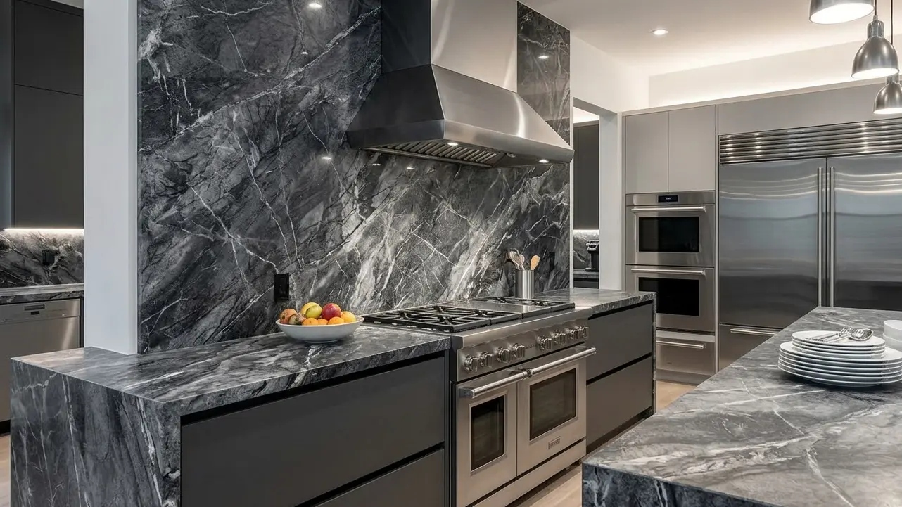 Charcoal graphite marble backsplash and countertop combined behind a kitchen gas range