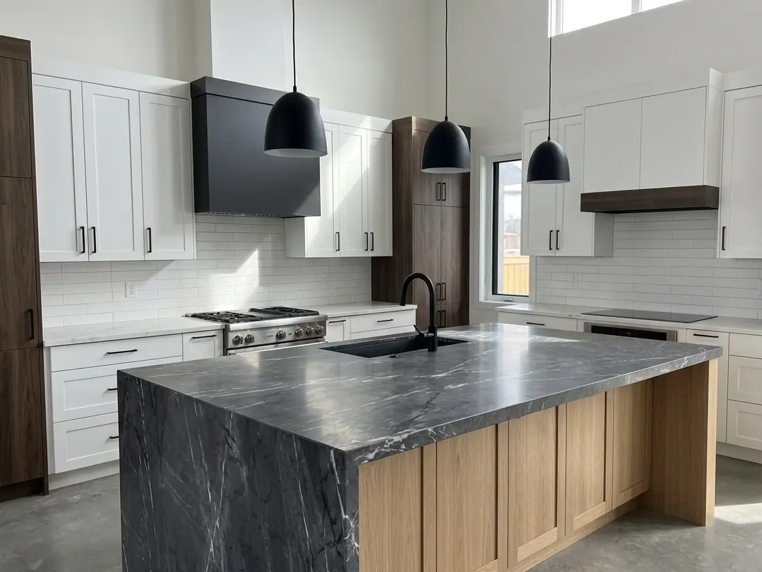 Dark Gray Graphite Marble countertop with white cabinetry in a modern luxury kitchen