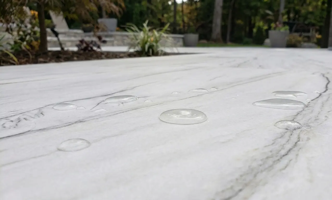 Zermatt Quartzite Patio honed floor surface with sealed water beading in outdoor daylight setting