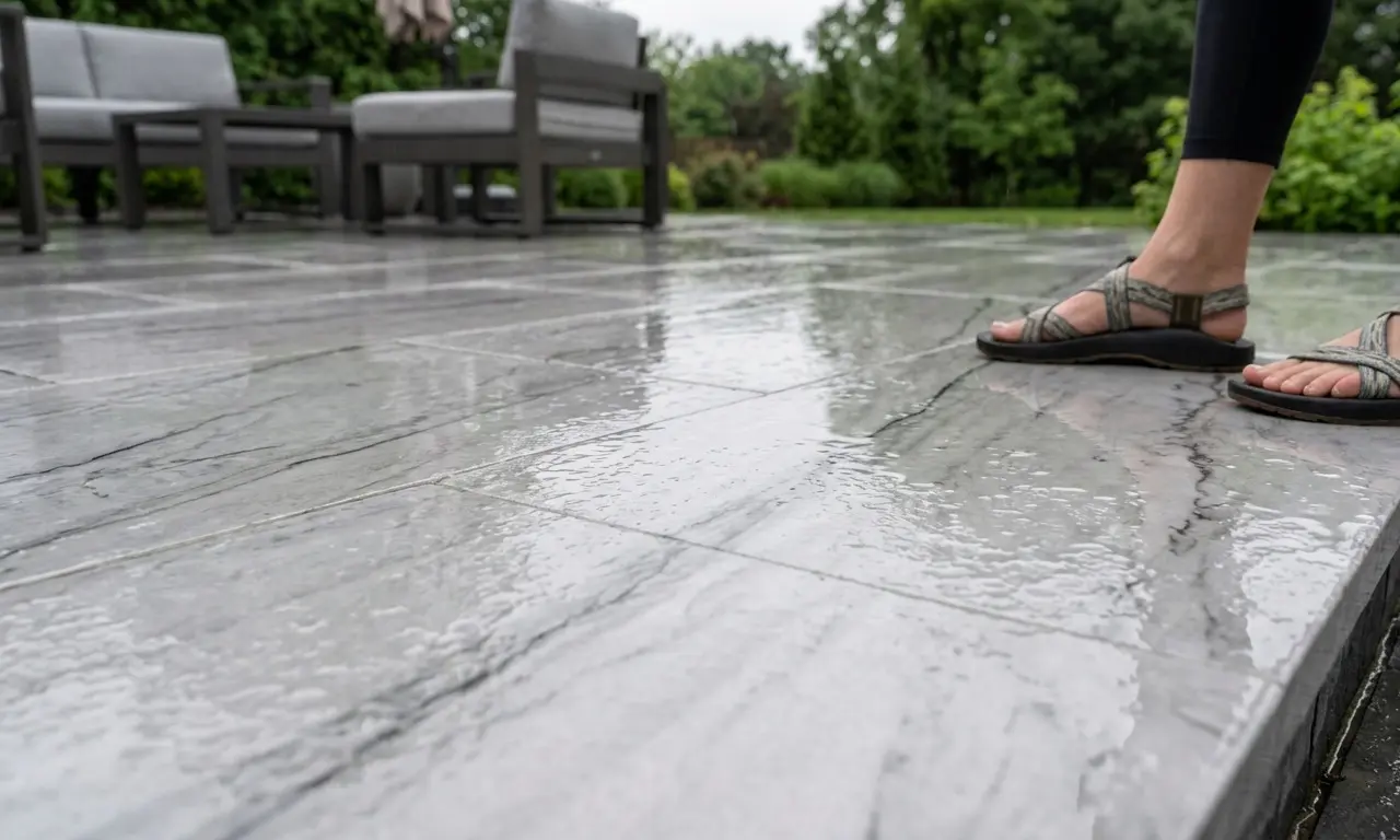 Zermatt Quartzite Patio honed floor in wet outdoor conditions showing slip-resistant surface performance