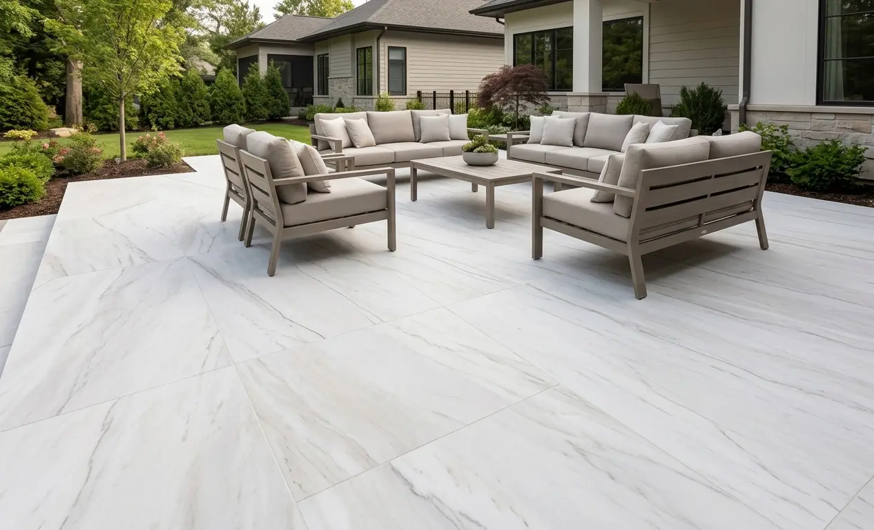 Zermatt Quartzite Patio honed slab floor with outdoor lounge furniture in modern setting