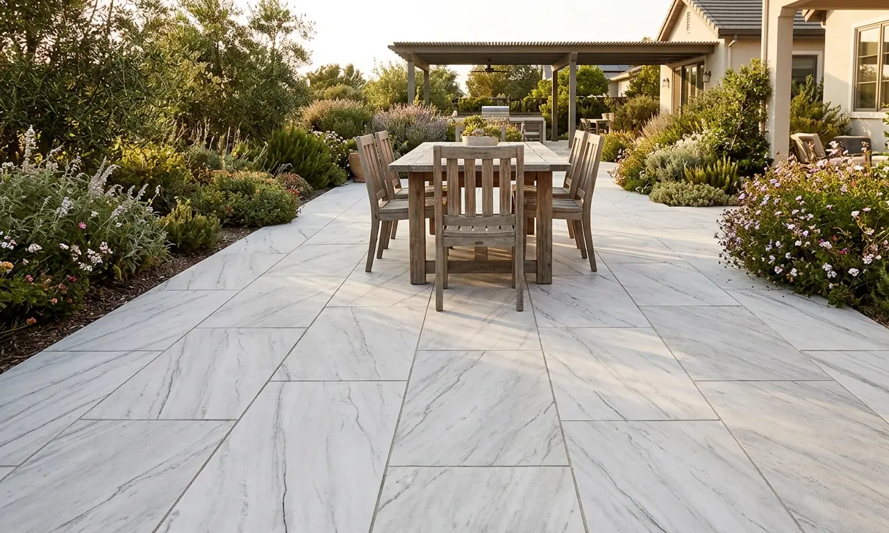 Zermatt Quartzite Patio staggered offset slab floor with outdoor dining setup in afternoon ligh