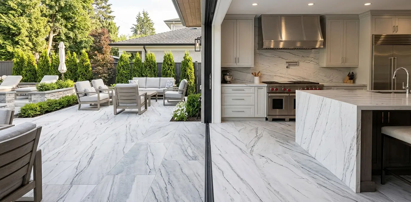 Zermatt Quartzite Patio floor and indoor countertop showing natural stone design continuity between spaces