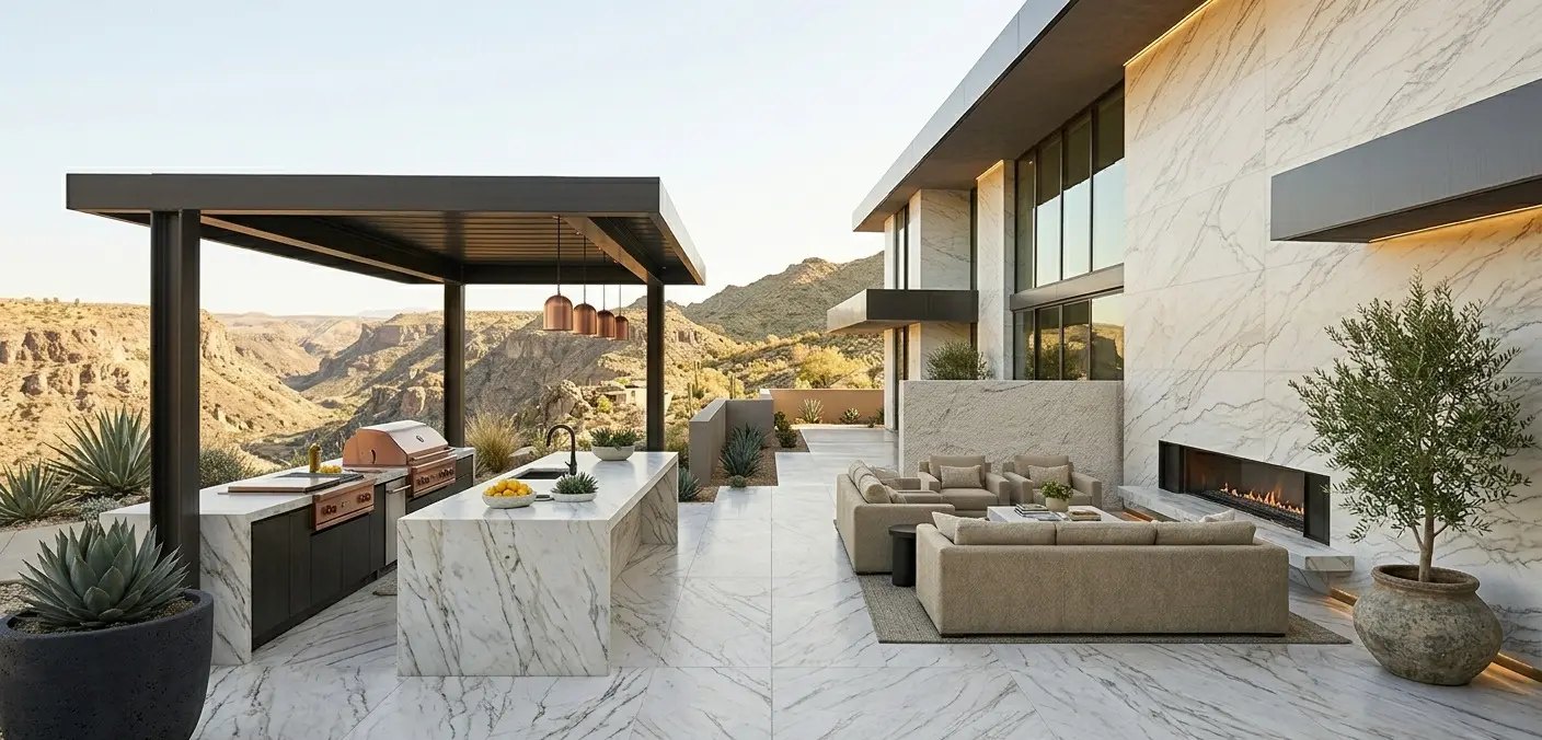 Zermatt Quartzite Outdoor Stone on patio floor kitchen countertop and exterior wall in one spac