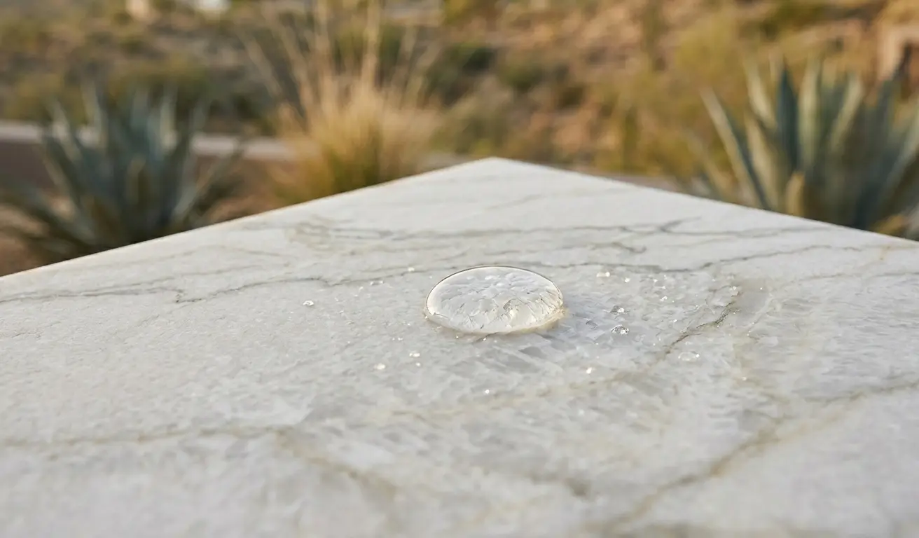 Zermatt Quartzite For Outdoor Use sealed honed surface with water beading in natural light