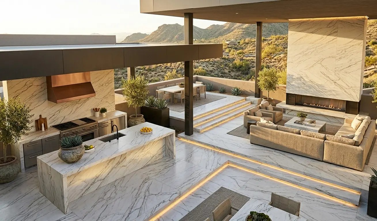 Zermatt Quartzite For Outdoor Use across patio floor kitchen countertop and fireplace surround