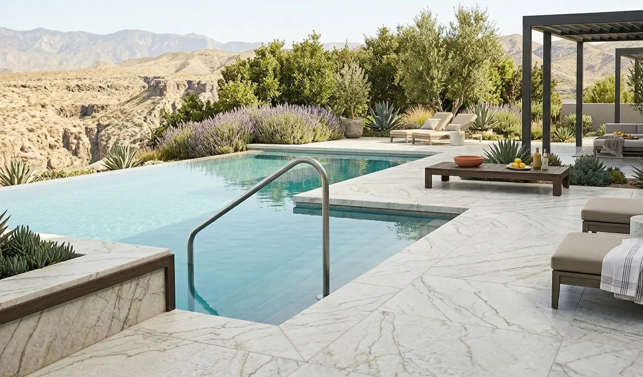 Zermatt Quartzite For Outdoor Use as honed pool surround surface in residential backyard setting